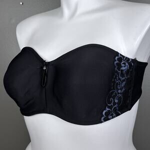 Curvation Stay-Up Strapless Underwire Bra Size 42D 5304152 Black Blue Lace Gel